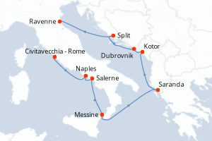 Carte de l'itinéraire de croisière Civitavecchia - Rome-Ravenne d'une durée de 7 jours