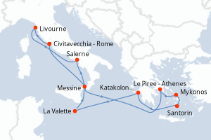 carte itinéraire croisière Sicile 10 jours au départ du port de Civitavecchia - Rome