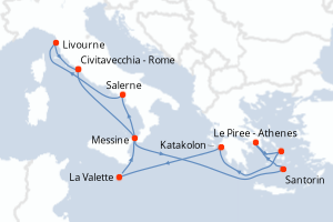 Carte de l'itinéraire de croisière Civitavecchia - Rome-Civitavecchia - Rome d'une durée de 10 jours