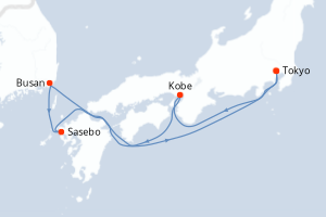 carte itinéraire croisière Asie 7 jours au départ du port de Tokyo