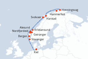 carte itinéraire croisière Fjörds norvégiens 15 jours au départ du port de Kiel