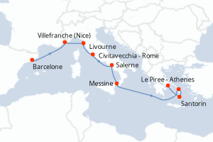 carte itinéraire croisière Sicile 9 jours au départ du port de Barcelone