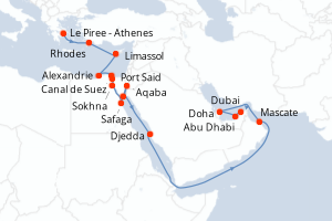 carte itinéraire croisière Moyen-Orient Dubaï 21 jours au départ du port de Le Piree - Athenes