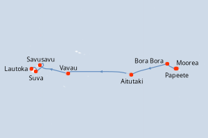 Carte de l'itinéraire de croisière Papeete-Lautoka d'une durée de 13 jours