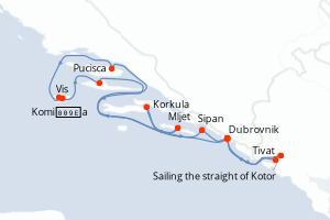 Carte de l'itinéraire de croisière Dubrovnik-Dubrovnik d'une durée de 7 jours
