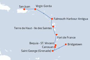 Carte de l'itinéraire de croisière Bridgetown-San Juan d'une durée de 8 jours