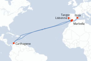 Carte de l'itinéraire de croisière Tarente-Lisbonne d'une durée de 6 jours
