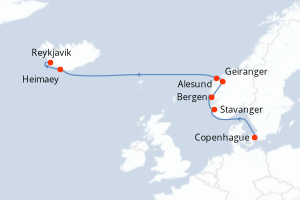 Carte de l'itinéraire de croisière Copenhague-Reykjavik d'une durée de 9 jours