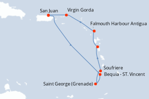 Carte de l'itinéraire de croisière San Juan-San Juan d'une durée de 8 jours