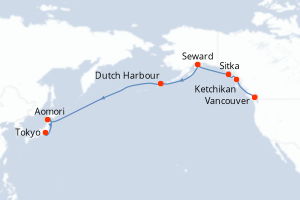 Carte de l'itinéraire de croisière Vancouver-Tokyo d'une durée de 18 jours