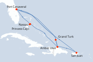 Carte itinéraire croisière Bahamas, République Dominicaine, États-Unis, Porto Rico - 14 jours au départ de Port Canaveral - Caraïbes Bahamas