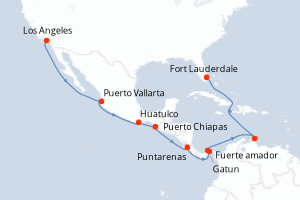 carte itinéraire croisière Caraïbes Bahamas 16 jours au départ du port de Los Angeles