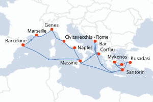 carte itinéraire croisière Sicile 16 jours au départ du port de Barcelone