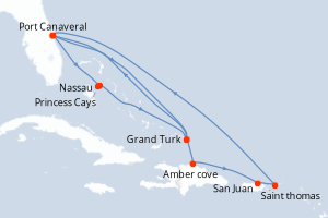 carte itinéraire croisière Caraïbes Bahamas 14 jours au départ du port de Port Canaveral