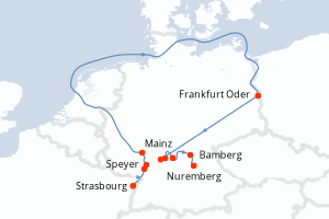 Carte de l'itinéraire de croisière Strasbourg-Nuremberg d'une durée de 6 jours