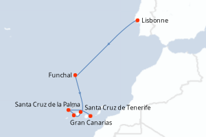 Carte de l'itinéraire de croisière Lisbonne-Gran Canarias d'une durée de 7 jours