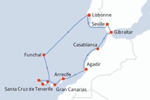 carte itinéraire croisière Atlantique 15 jours au départ du port de Lisbonne