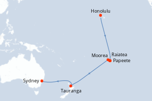 carte itinéraire croisière Australie Nouvelle Zélande 19 jours au départ du port de Honolulu
