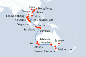 carte itinéraire croisière Australie Nouvelle Zélande 49 jours au départ du port de Hong Kong