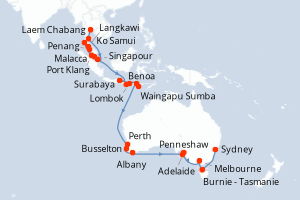 carte itinéraire croisière Australie Nouvelle Zélande 34 jours au départ du port de Laem Chabang