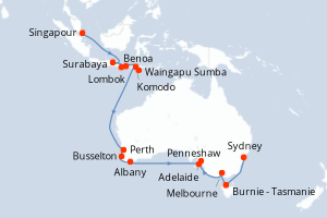 carte itinéraire croisière Australie Nouvelle Zélande 22 jours au départ du port de Singapour