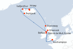 Carte de l'itinéraire de croisière Southampton-Southampton d'une durée de 14 jours