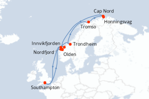 Carte de l'itinéraire de croisière Southampton-Southampton d'une durée de 14 jours
