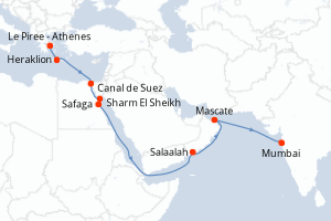 carte itinéraire croisière Mer Rouge Océan Indien 15 jours au départ du port de Le Piree - Athenes