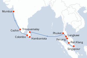 Carte de l'itinéraire de croisière Mumbai-Singapour d'une durée de 18 jours