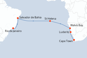 Carte de l'itinéraire de croisière Rio de Janeiro-Cape Town d'une durée de 19 jours