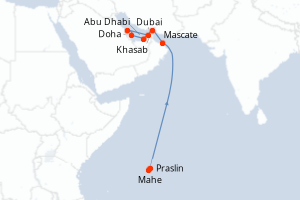 Carte de l'itinéraire de croisière Mahe-Dubai d'une durée de 17 jours