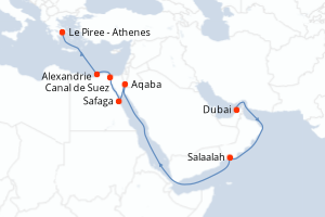 Carte de l'itinéraire de croisière Dubai-Le Piree - Athenes d'une durée de 17 jours