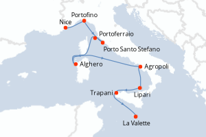 Carte de l'itinéraire de croisière Nice-La Valette d'une durée de 9 jours