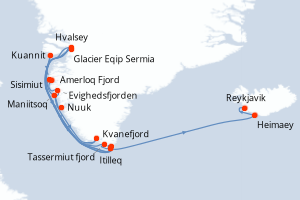 Carte de l'itinéraire de croisière Nuuk-Reykjavik d'une durée de 13 jours