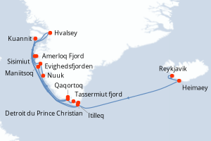 Carte de l'itinéraire de croisière Reykjavik-Nuuk d'une durée de 12 jours