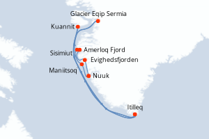 Carte de l'itinéraire de croisière Nuuk-Nuuk d'une durée de 7 jours