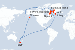 Carte de l'itinéraire de croisière Iqaluit-Nuuk d'une durée de 14 jours