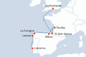 Carte de l'itinéraire de croisière Lisbonne-Southampton d'une durée de 7 jours