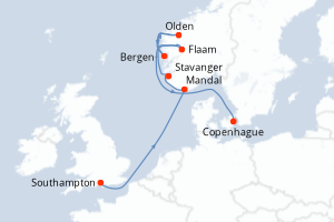 Carte de l'itinéraire de croisière Southampton-Copenhague d'une durée de 8 jours