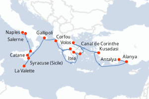 carte itinéraire croisière Sicile 15 jours au départ du port de Antalya