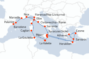 carte itinéraire croisière Sicile 23 jours au départ du port de Nice