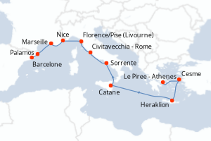 carte itinéraire croisière Sicile 11 jours au départ du port de Le Piree - Athenes
