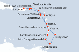 Carte de l'itinéraire de croisière Bridgetown-Bridgetown d'une durée de 14 jours