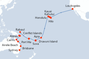 carte itinéraire croisière Australie Nouvelle Zélande 37 jours au départ du port de Los Angeles