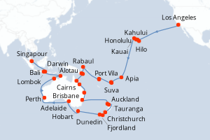 carte itinéraire croisière Asie 69 jours au départ du port de Los Angeles