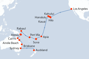 carte itinéraire croisière Australie Nouvelle Zélande 41 jours au départ du port de Los Angeles