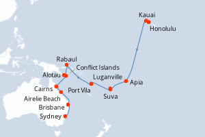 carte itinéraire croisière Australie Nouvelle Zélande 29 jours au départ du port de Honolulu