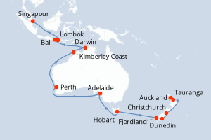 carte itinéraire croisière Asie 28 jours au départ du port de Auckland