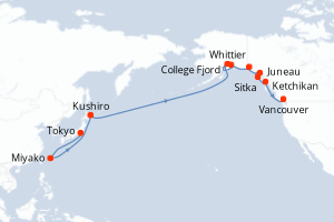 carte itinéraire croisière Alaska 18 jours au départ du port de Tokyo
