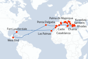 carte itinéraire croisière Caraïbes Bahamas 50 jours au départ du port de Fort Lauderdale